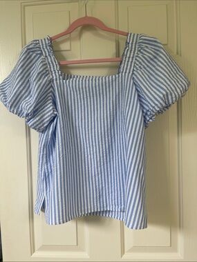 CeCe Blue and White Striped Square-Neck Puff Sleeve Top